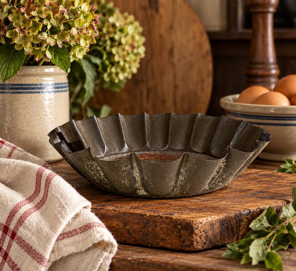 Vintage Fluted Tin Baking Pan 9 Inch Primitive Scalloped Cake Mold Kitchen Decor